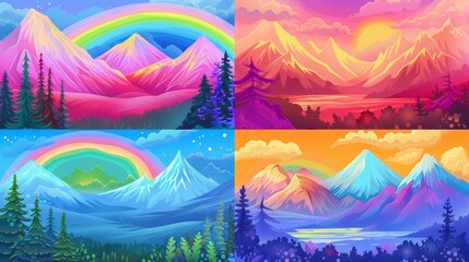 Wall Mural - Psychedelic modern illustration with stylized mountains, rainbows, sea and hills, available as a set of four different images.
