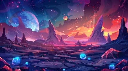 Wall Mural - An alien planet landscape is an illustration of a cosmos, a planet's surface, glowing spots, and mists for gui game design (space game background).