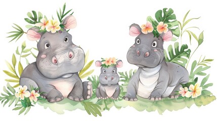 Sticker - Hippopotamus cartoon illustration illustration with mother and baby, jungle tree, brazilian trend design. Aloha collection of cute tropical summer watercolor.