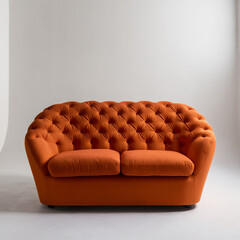 Wall Mural - A modern orange couch featuring a soft tufted cushion, showcased against a bright white background.