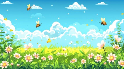 Wall Mural - A seamless pattern of a spring field on a blue sky with fluffy clouds, a modern banner background with an endless cartoon panorama of green grass and flowers in a sunny day.