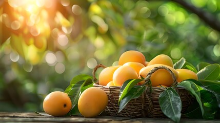 Wall Mural - A basket of fresh mangoes on the table, surrounded by lush green trees and sunlight filtering through leaves.
