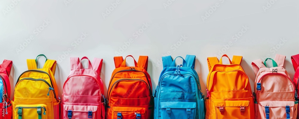 Colorful row of backpacks lined up against a white background for back ...