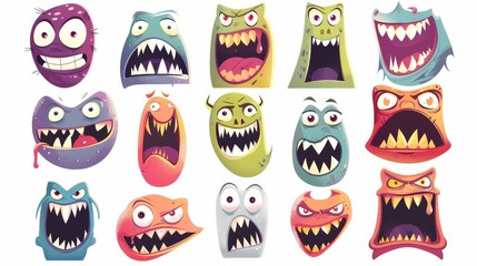 Wall Mural - Cartoon monster faces with eyes, mouths, and heads. Scary characters for kids. Halloween monsters or aliens emotions modern set.