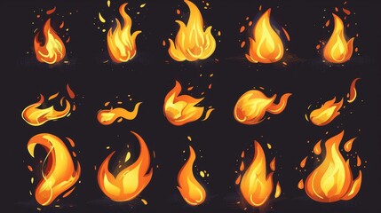 Wall Mural - Flames burning on a black background. Cartoon set of blaze from a bonfire, torch, or candle. Animation sprite sheet of burning fire.
