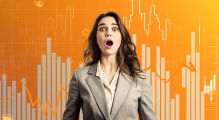 Wall Mural - A shocked woman stands in front of stock market charts