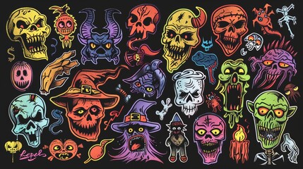 Set of High-Quality Creepy Halloween / Freakshow / Zombie Stickers. Hand Drawn Doodles. Fully Colored, Vector, Grouped. Ready to use!