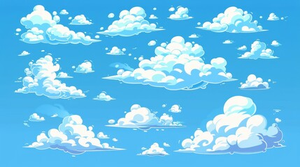 Poster - A modern illustration of white cartoon sky and steam clouds on a blue background.