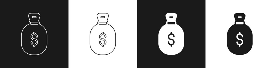 Poster - Set Money bag icon isolated on black and white background. Dollar or USD symbol. Cash Banking currency sign. Vector