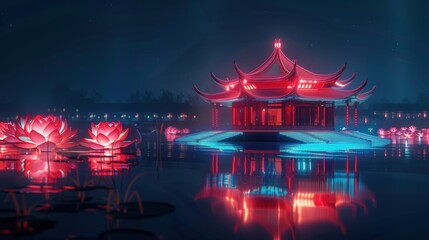 Wall Mural - chinese traditional garden landscape at night