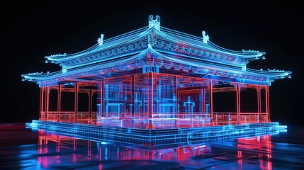 Wall Mural - An illuminated transparent grand Chinese palace architecture at night, in the style of cyberpunk