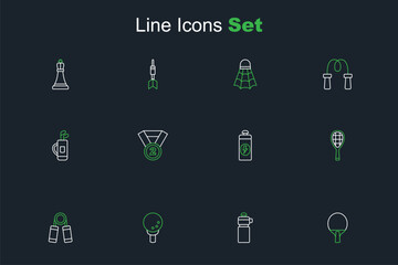 Sticker - Set line Racket, Fitness shaker, Golf ball on tee, Sport expander, Tennis racket, Medal and bag with clubs icon. Vector