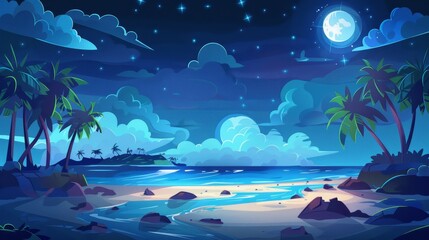 Modern cartoon background of a tropical island with palm trees, sand beach, ocean waves, and coastline on the horizon with moon, stars, and clouds in dark sky at night.