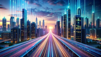 Canvas Print - digital city concept of smart city with speed and fast
