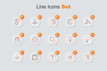 Sticker - Set line Celsius, Compass north, Fahrenheit, Weather forecast, Cloud with rain, Umbrella, Lightning bolt and Sun icon. Vector