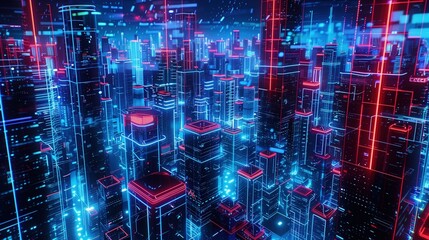 Wall Mural - An illuminated cyberpunk modern city at night, aerial view