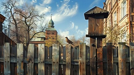 Wall Mural -   A bird perched atop a wooden fence, in front of a building with a prominent steeple