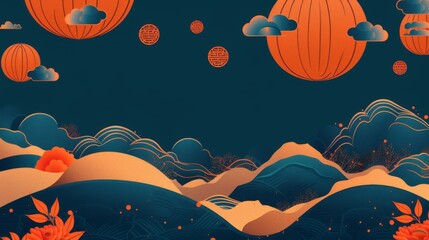 Set of orange and blue modern backgrounds for the Chinese Mid Autumn festival