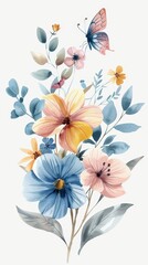 A watercolor floral bouquet illustration features a butterfly and vivid flowers in blush pink blue and yellow. These decorative elements are isolated on a white background in a flat cartoon style.