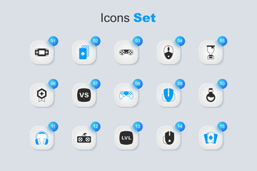 Canvas Print - Set Computer mouse, VS Versus battle, Playing cards, Headphones, Bottle with magic elixir, Portable video game console and Game controller joystick icon. Vector