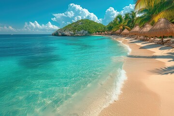 Caribbean beach and lagoon on a sunny day in summertime. Vacation concept.