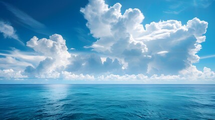 Wall Mural - blue sky and sea, blue ocean water, white clouds, clear horizon line, beautiful scenery, tranquil at