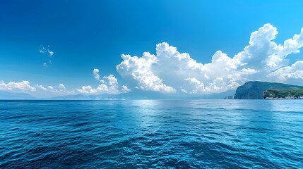 Wall Mural - blue sky and sea, blue ocean water, white clouds, clear horizon line, beautiful scenery, tranquil at