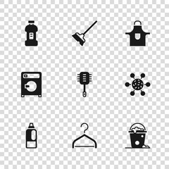 Poster - Set Hanger wardrobe, Bacteria, Bucket with foam and bubbles, Toilet brush, Kitchen apron, Bottle for detergent, Mop and Washer icon. Vector