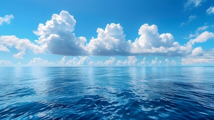 Wall Mural - blue sky and sea, blue ocean water, white clouds, clear horizon line, beautiful scenery, tranquil at