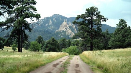 Wall Mural -   A dirt path through a field of tall grass, surrounded by trees and leading to a distant mountain