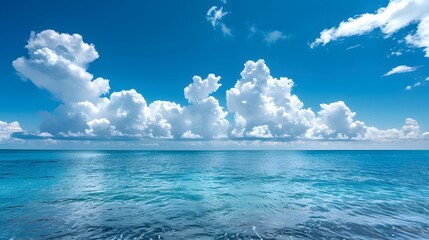 Wall Mural - blue sky and sea, blue ocean water, white clouds, clear horizon line, beautiful scenery, tranquil at