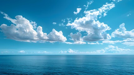 Wall Mural - blue sky and sea, blue ocean water, white clouds, clear horizon line, beautiful scenery, tranquil at