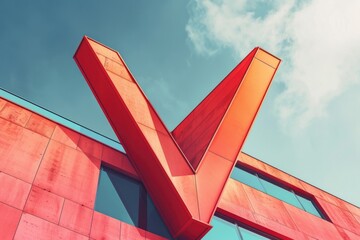 Poster - A red building with a prominent V symbol on the side. Suitable for various business concepts