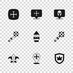 Sticker - Set Crusade, Mace with spikes, Shield crown, Castle tower, Medieval helmet, and icon. Vector