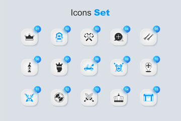 Sticker - Set King crown, Medieval throne, Skull with sword, Antique treasure chest, Crusade, and catapult icon. Vector