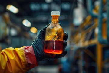 Aufkleber - A person holding a bottle of liquid in a warehouse. Suitable for industrial and storage concepts