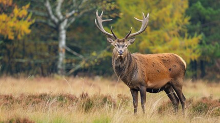 Poster - A deer standing in a field with trees in the background. Suitable for nature and wildlife themes