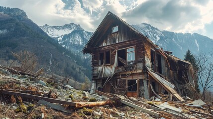 Aufkleber - A house situated on the side of a hill. Suitable for real estate or nature concepts