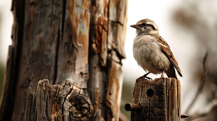 Sticker -   A small bird perches on top of a wooden post next to a wooden fence post with a rusted post in the back