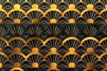 Poster - Elegant black and gold wall with intricate fan pattern. Perfect for interior design projects