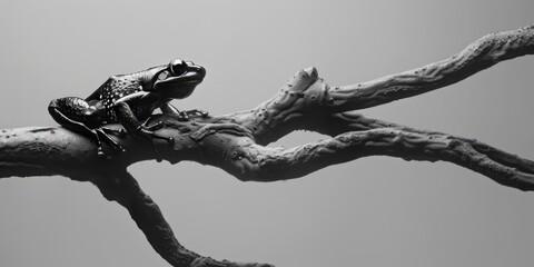 Poster - Black and white photo of a frog sitting on a branch. Suitable for nature and wildlife themes