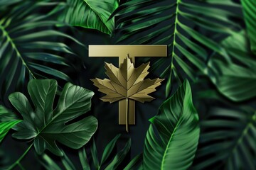 Poster - A stunning gold maple leaf shining on a lush green leafy background. Perfect for nature-themed designs