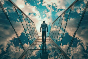 Aufkleber - A man standing on a transparent glass walkway. Suitable for business and technology concepts