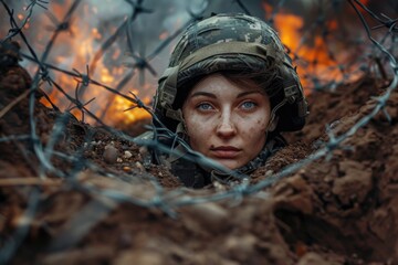 Poster - A woman in a military uniform looking out from behind a barbed wire fence. Suitable for military, war, or confinement themes