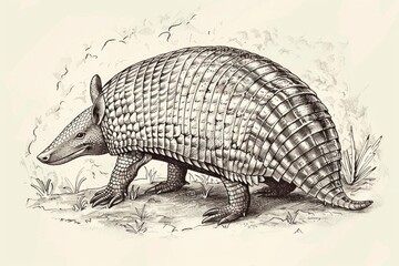 Poster - Detailed black and white sketch of an armadillo, suitable for educational materials
