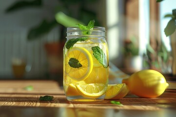 Poster - Fresh lemons and mint leaves in a glass jar, perfect for healthy lifestyle concepts