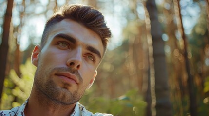 Poster - A man standing in a forest looking up at the sky. Suitable for nature or outdoor concepts