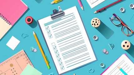 Poster - Office supplies checklist on clipboard, suitable for office organization concepts