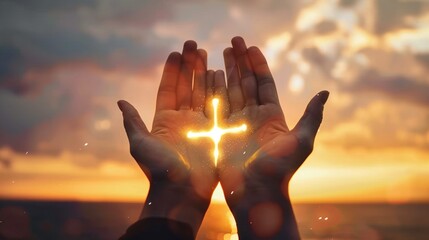 Wall Mural - Human hands open worship with palm up. cross-shaped sunset light invasion