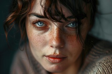 Poster - Close up of a woman with freckles. Perfect for beauty or skincare concepts